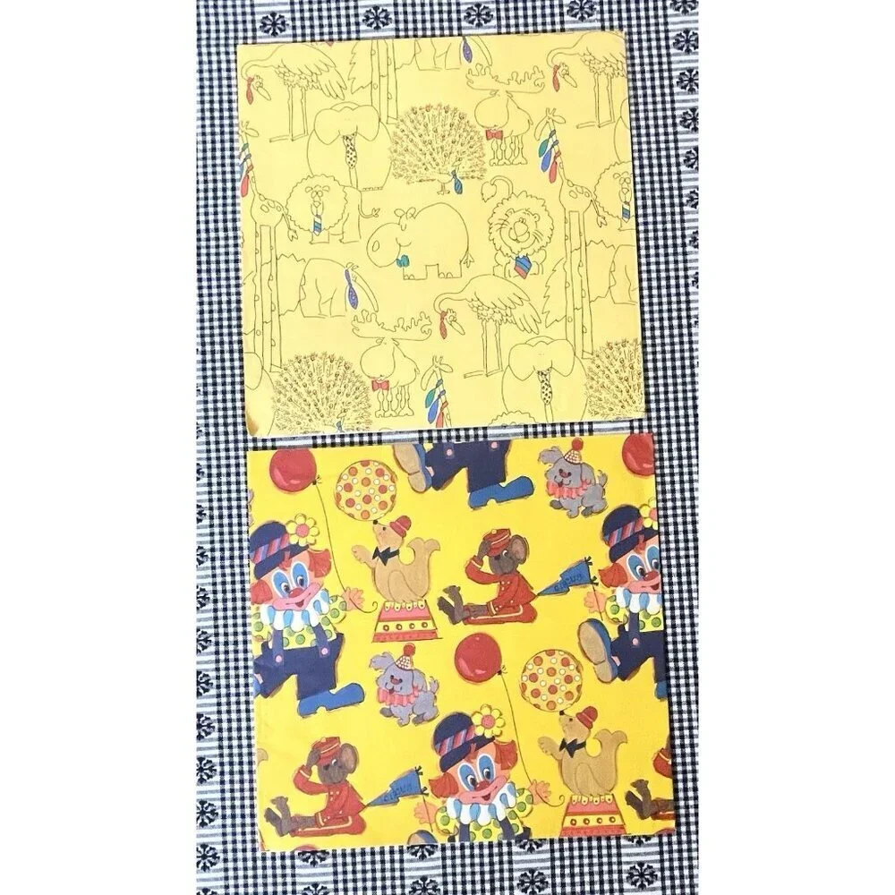 Vintage Gift Wrap Circus Clowns & Animals in Ties Yellow 80s Moose Peacock Paper